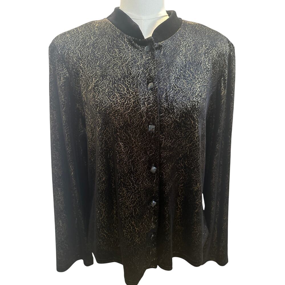 Vintage K Studio Black & Gold Crackle Button‑Up Blouse – Size 18